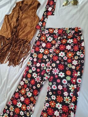 Retro Floral High-Waist Wide Leg Pants - Black with Multicolor Flowers